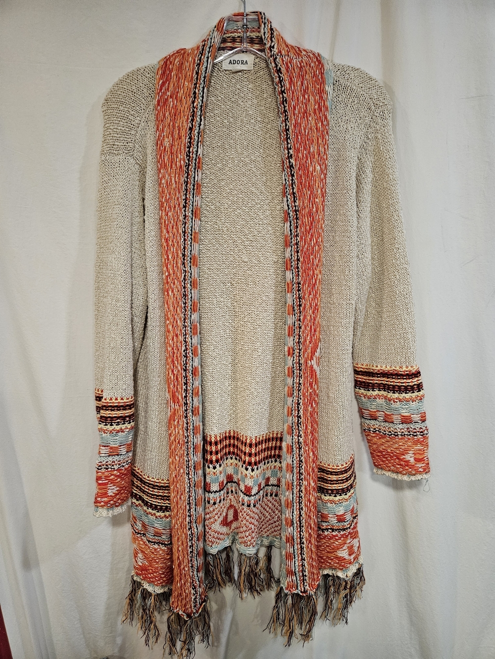 🩵 BOHO ADORA Cream Cardigan with Orange and Multicolor Trim